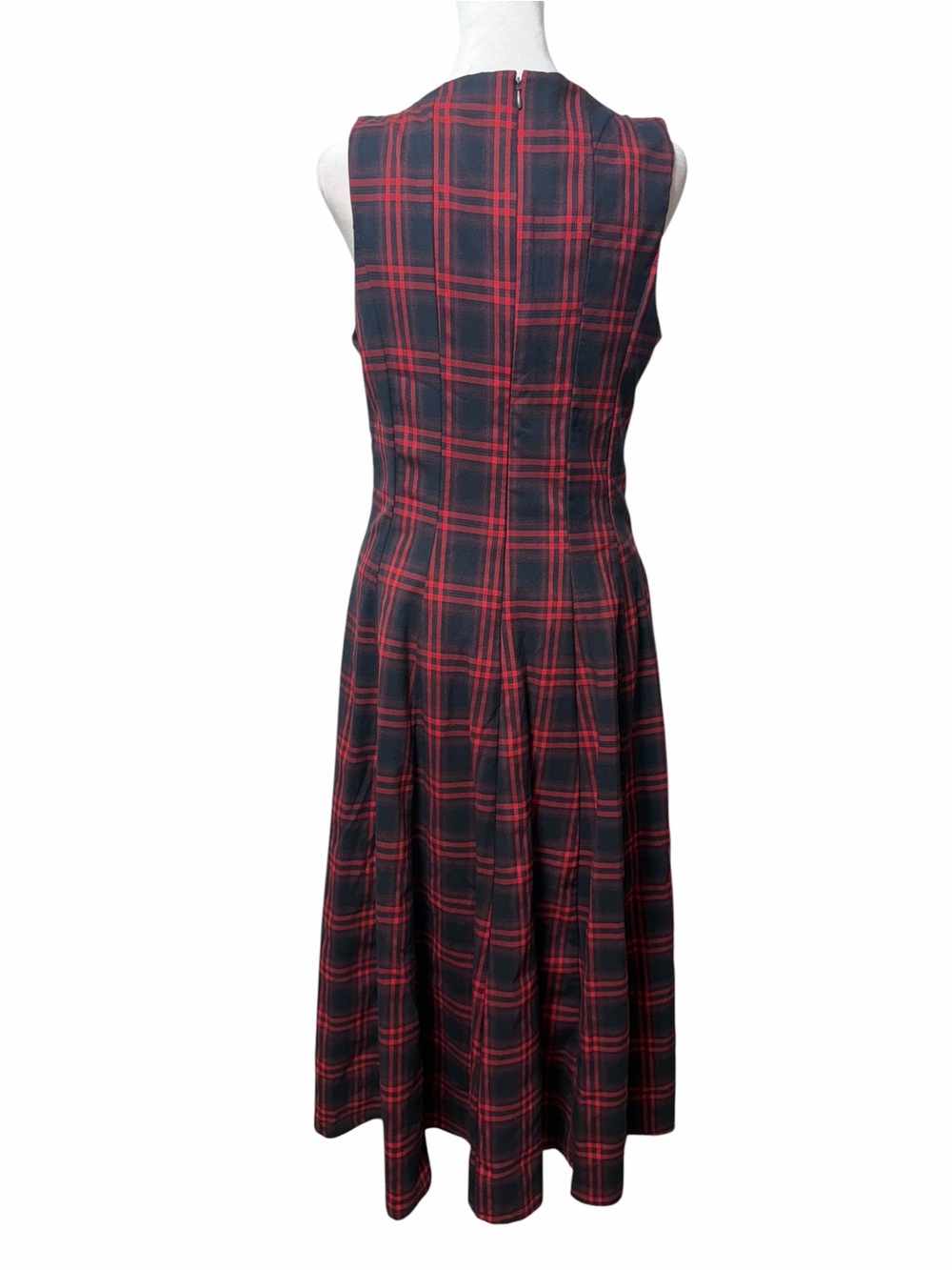 Avec Les Filles Red Black Plaid Midi Dress V-Neck Pockets Size 12 - Picture 2 of 7
